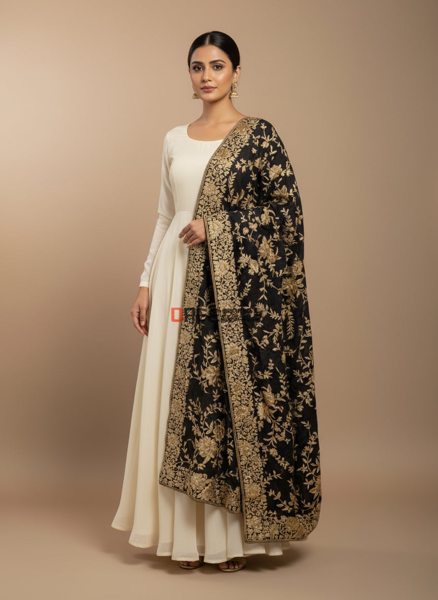 Pre Order Black & Gold Parsi Gara Dupatta - Crepe Silk