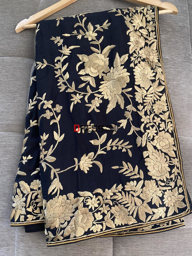 Black & Gold Parsi Gara Dupatta - Crepe Silk