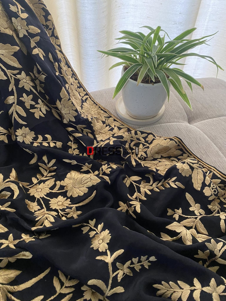 Black & Gold Parsi Gara Dupatta - Crepe Silk