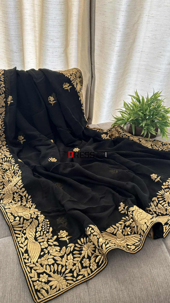 Black & Gold Parsi Gara Suit (Three Piece) Parsi Gara Suits