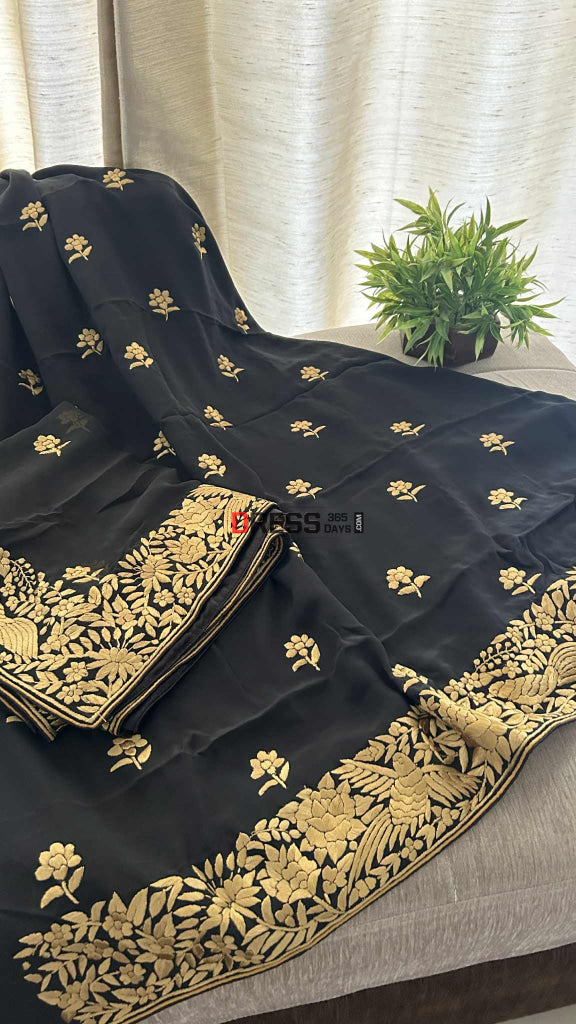 Black & Gold Parsi Gara Suit (Three Piece) Parsi Gara Suits