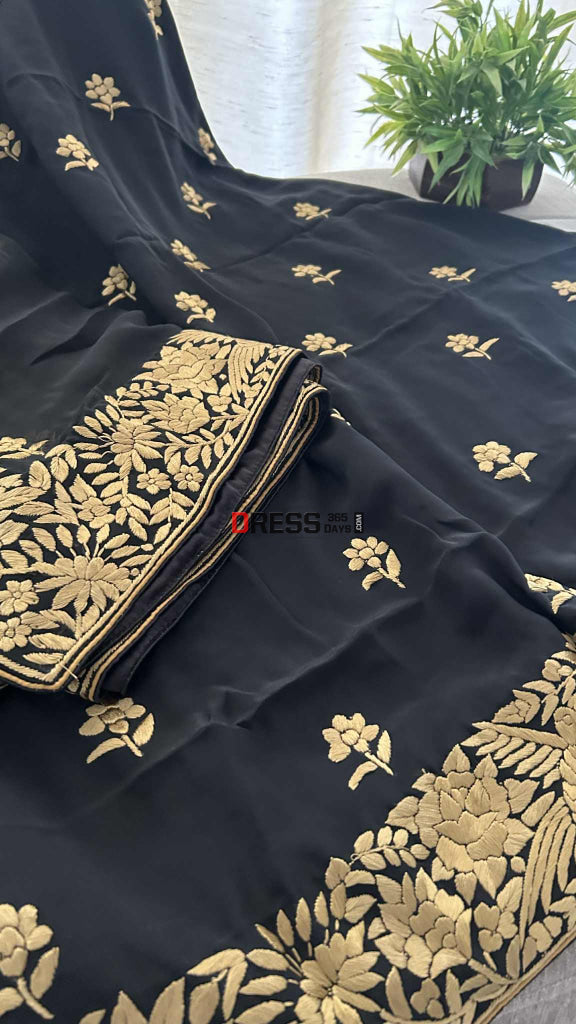 Black & Gold Parsi Gara Suit (Three Piece) Parsi Gara Suits
