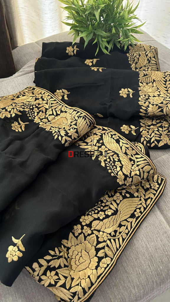 Black & Gold Parsi Gara Suit (Three Piece) Parsi Gara Suits