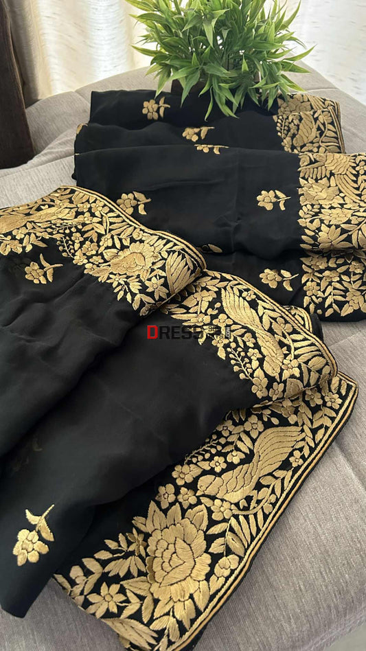 Black & Gold Parsi Gara Suit (Three Piece) Parsi Gara Suits