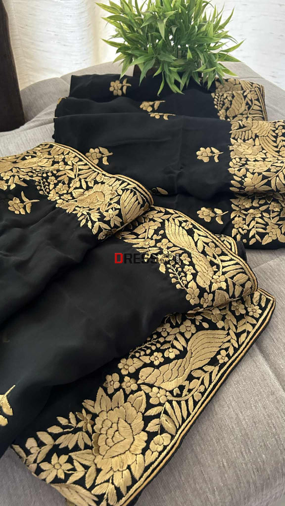 Black & Gold Parsi Gara Suit (Three Piece) Parsi Gara Suits