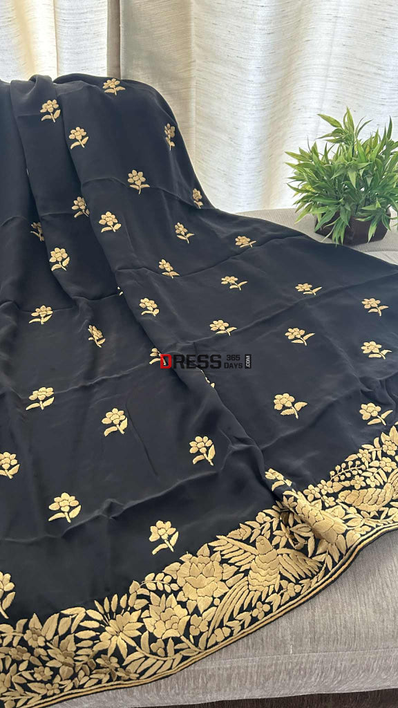 Black & Gold Parsi Gara Suit (Three Piece) Parsi Gara Suits