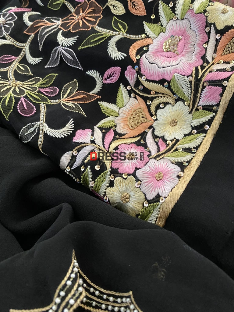 Black Hand Embroidered Resham Parsi Gara Chikankari Suit Suits