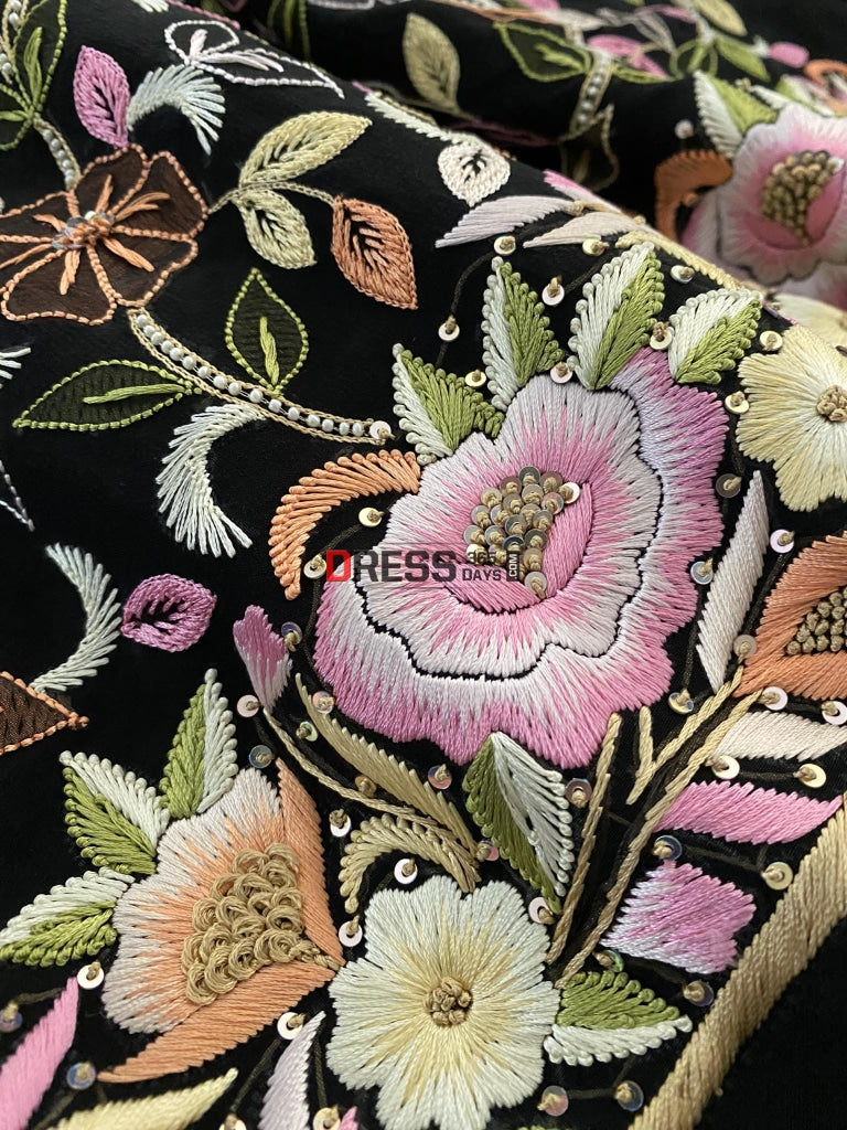 Black Hand Embroidered Resham Parsi Gara Chikankari Suit Suits