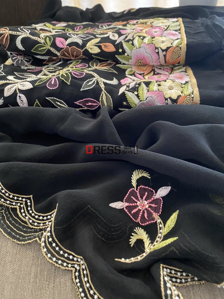 Black Hand Embroidered Resham Parsi Gara Chikankari Suit Suits