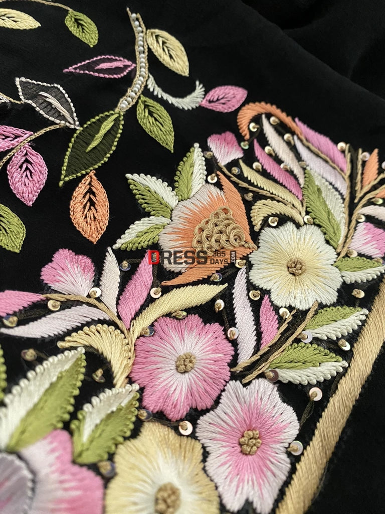 Black Hand Embroidered Resham Parsi Gara Chikankari Suit Suits