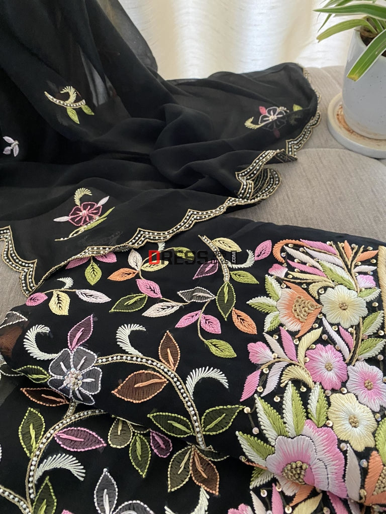 Black Hand Embroidered Resham Parsi Gara Chikankari Suit Suits