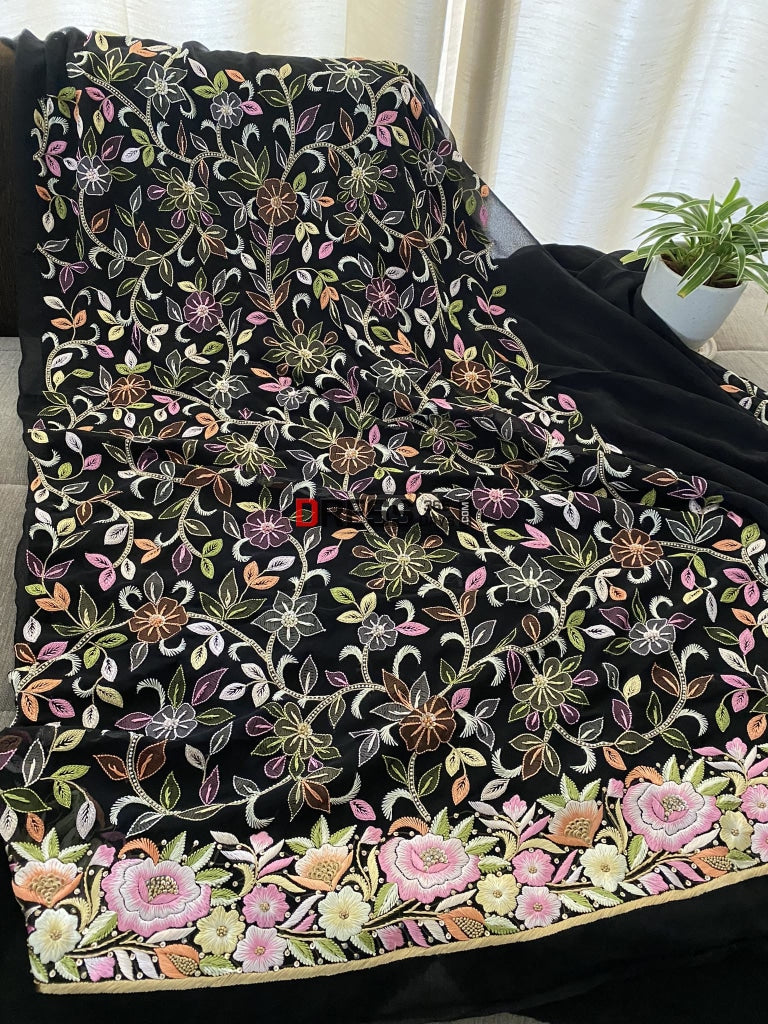 Black Hand Embroidered Resham Parsi Gara Chikankari Suit Suits