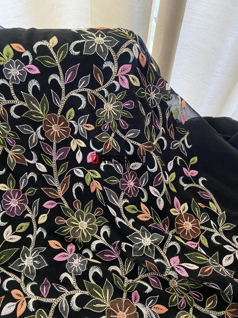 Black Hand Embroidered Resham Parsi Gara Chikankari Suit Suits