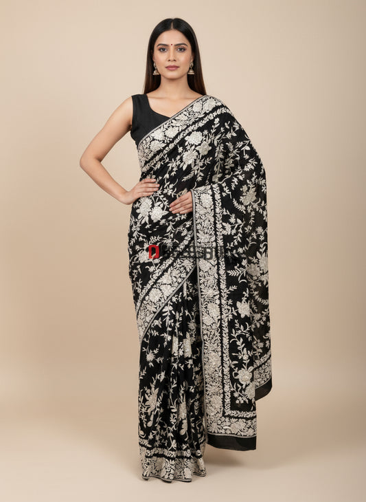 Pre Order Black Ivory Floral Parsi Gara Hand Embroidered Saree