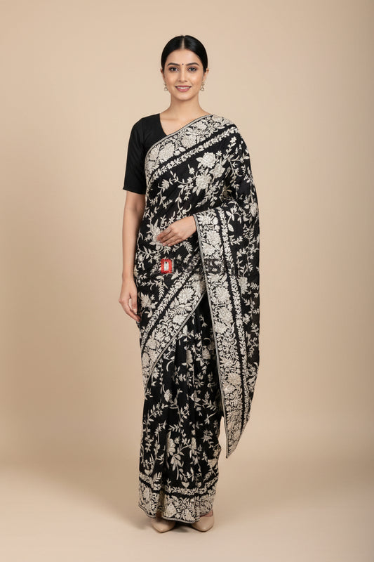 Black Ivory Floral Parsi Gara Hand Embroidered Saree (Pure Georgette)