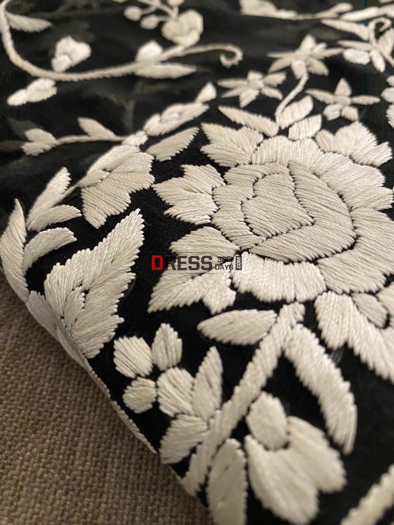 Black Ivory Front Back Hand Embroidered Parsi Gara Suit (Three Piece) Suits