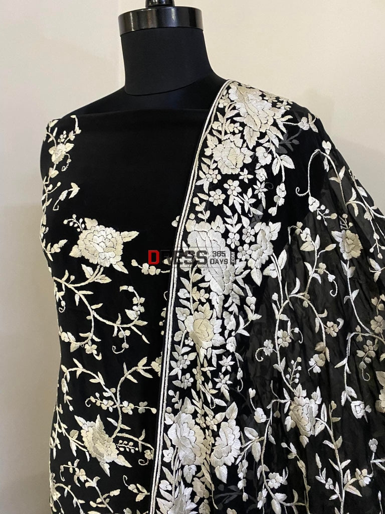 Black Ivory Front Back Hand Embroidered Parsi Gara Suit (Three Piece) Suits