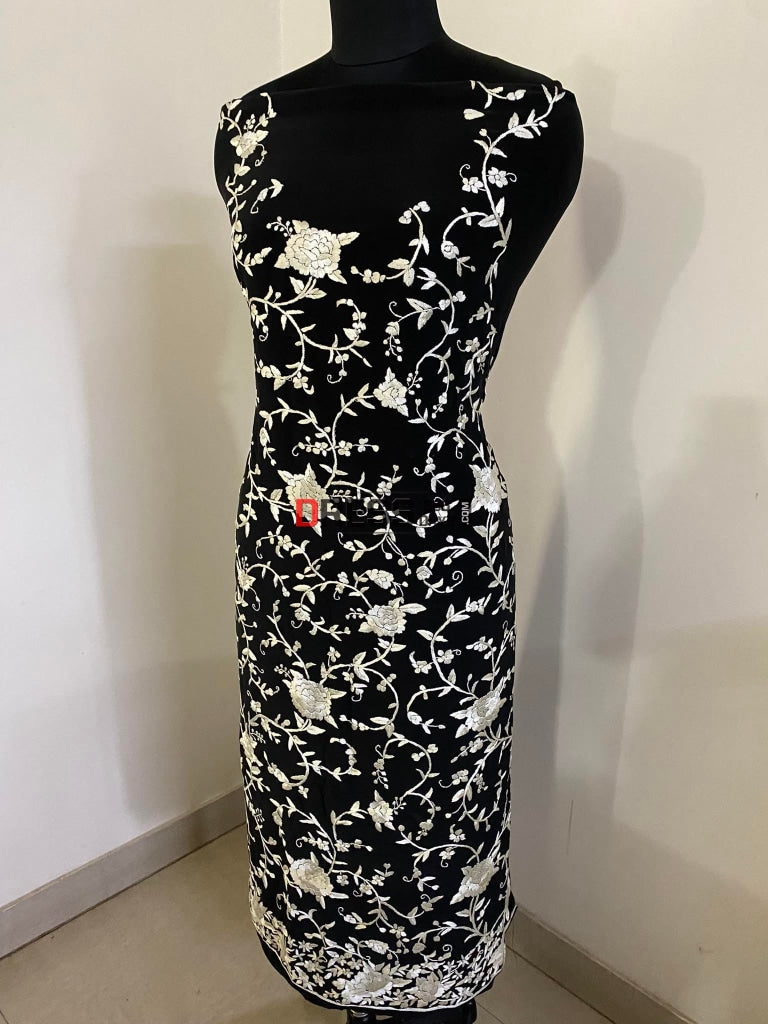 Black Ivory Front Back Hand Embroidered Parsi Gara Suit (Three Piece) Suits