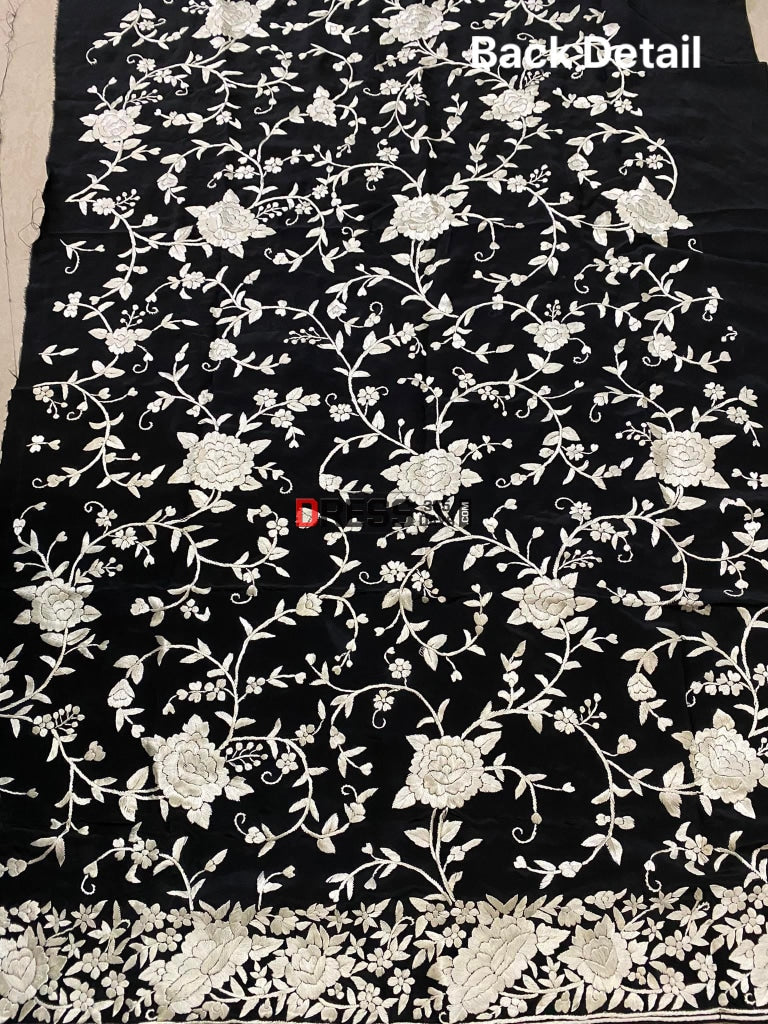 Black Ivory Front Back Hand Embroidered Parsi Gara Suit (Three Piece) Suits