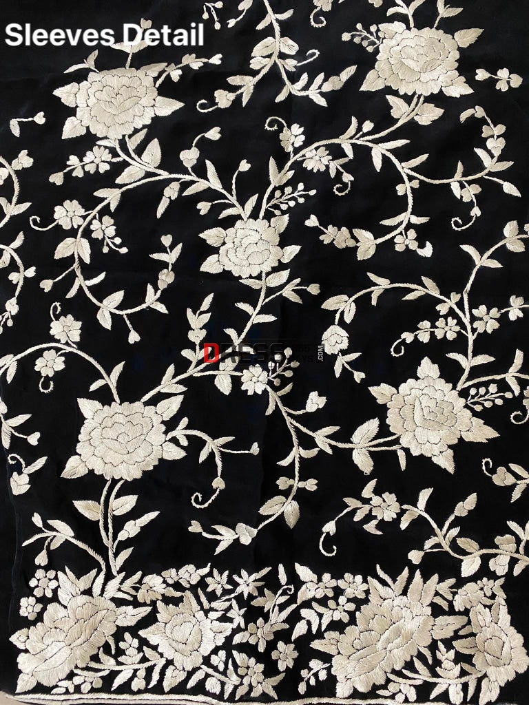 Black Ivory Front Back Hand Embroidered Parsi Gara Suit (Three Piece) Suits