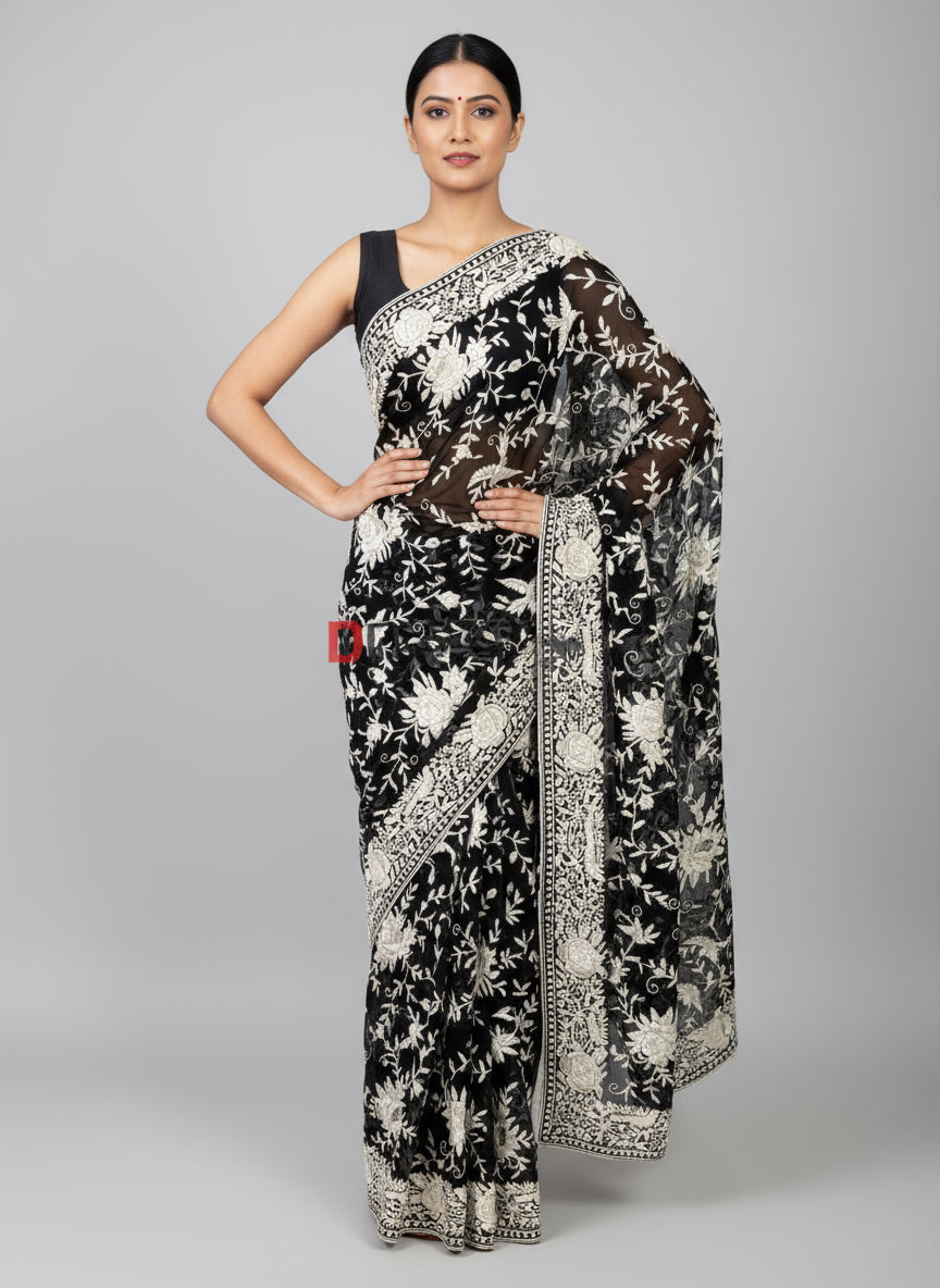 Pre Order Black & Ivory Parsi Gara Hand Embroidered Saree