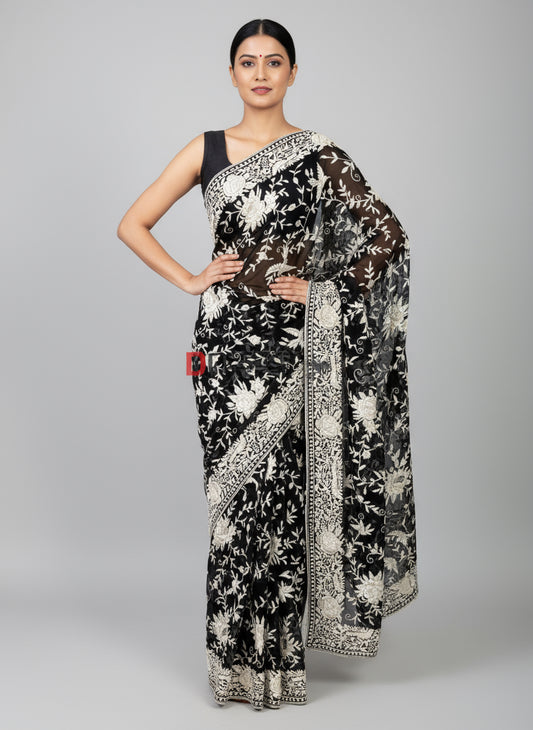 Pre Order Black & Ivory Parsi Gara Hand Embroidered Saree