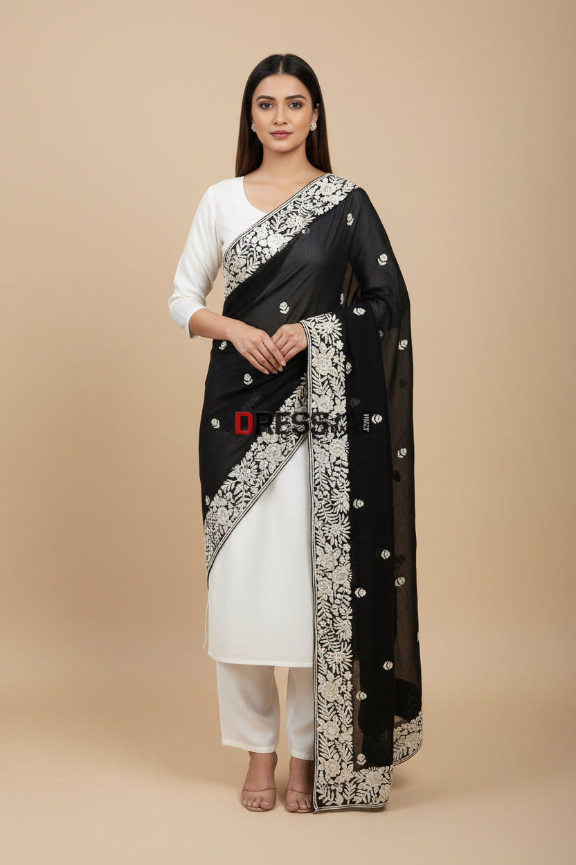 Pre Order Black Ivory Pure Georgette Parsi Gara Dupatta