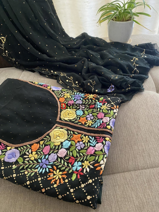 Black Kamdani Suit With Parsi Gara Embroidered Neckline Chikankari Suits