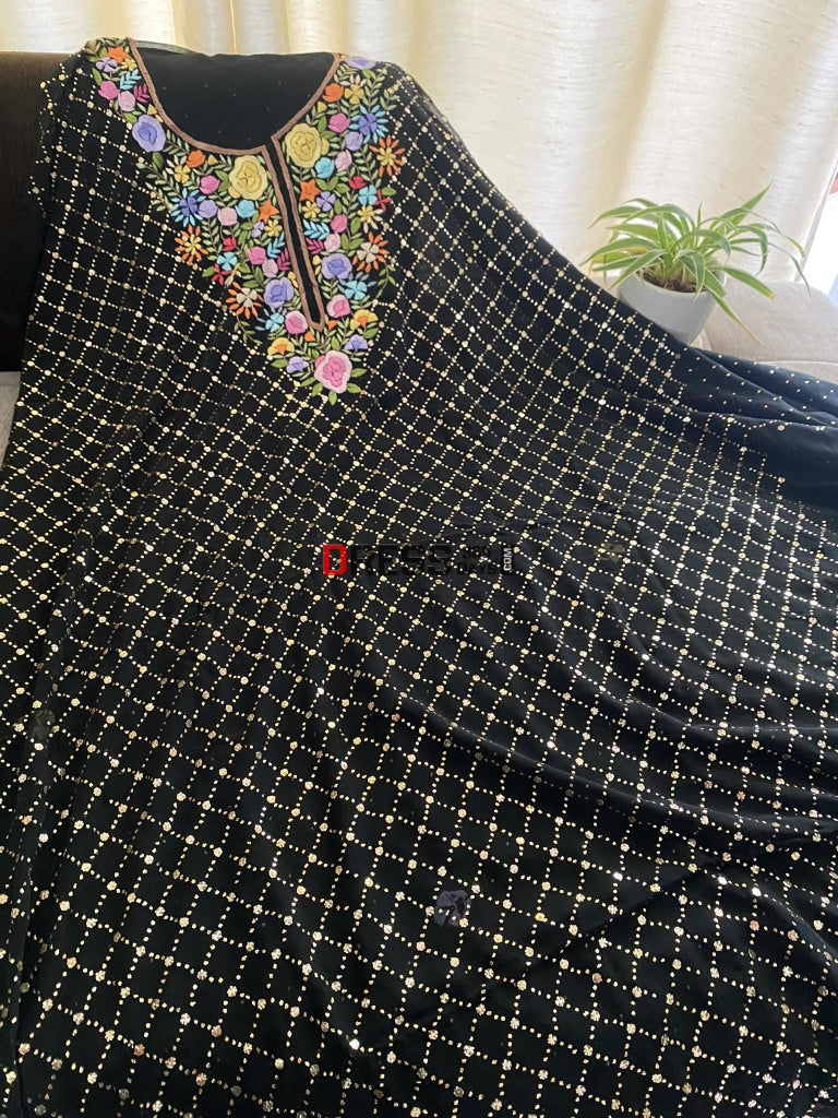Black Kamdani Suit With Parsi Gara Embroidered Neckline Chikankari Suits
