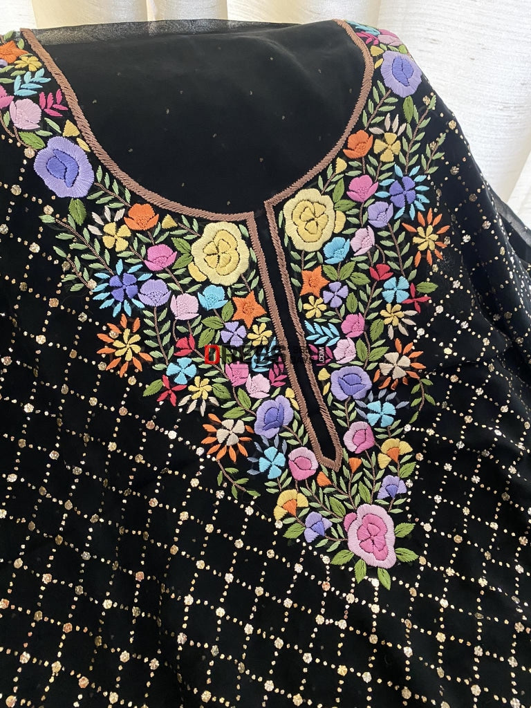 Black Kamdani Suit With Parsi Gara Embroidered Neckline Chikankari Suits