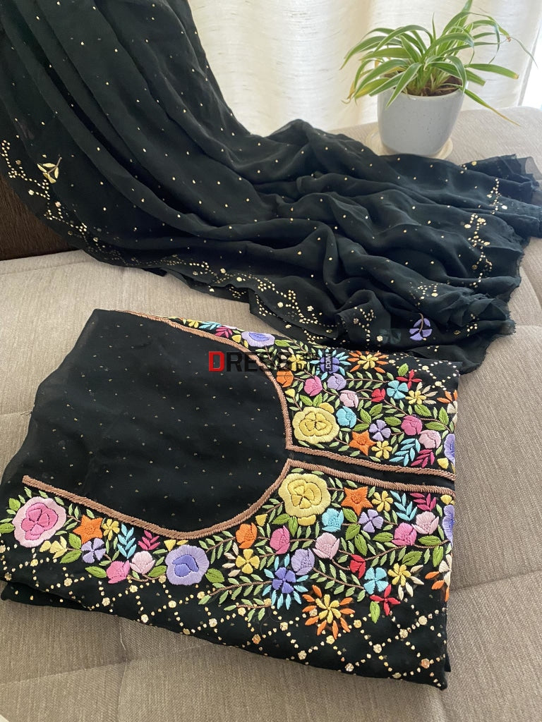 Black Kamdani Suit With Parsi Gara Embroidered Neckline Chikankari Suits