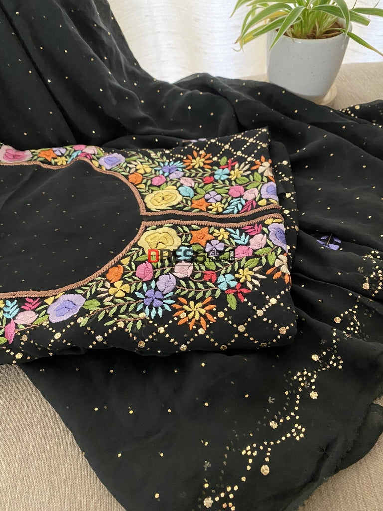 Black Kamdani Suit With Parsi Gara Embroidered Neckline Chikankari Suits