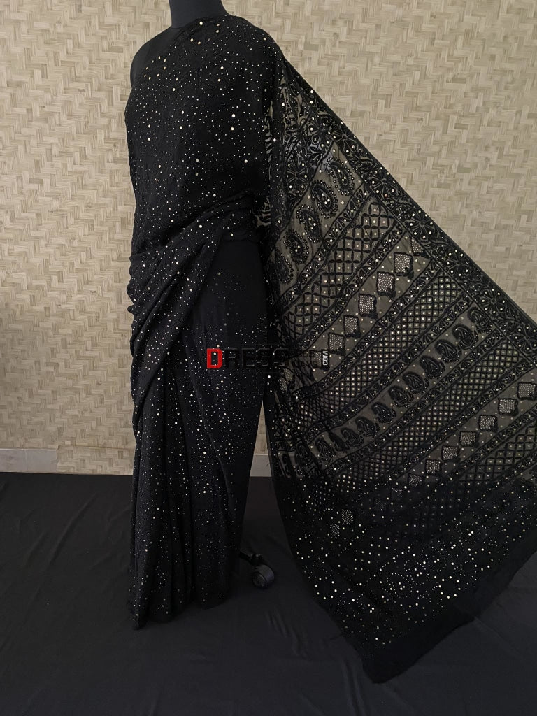 Black Lucknowi Mukaish Saree Chikankari