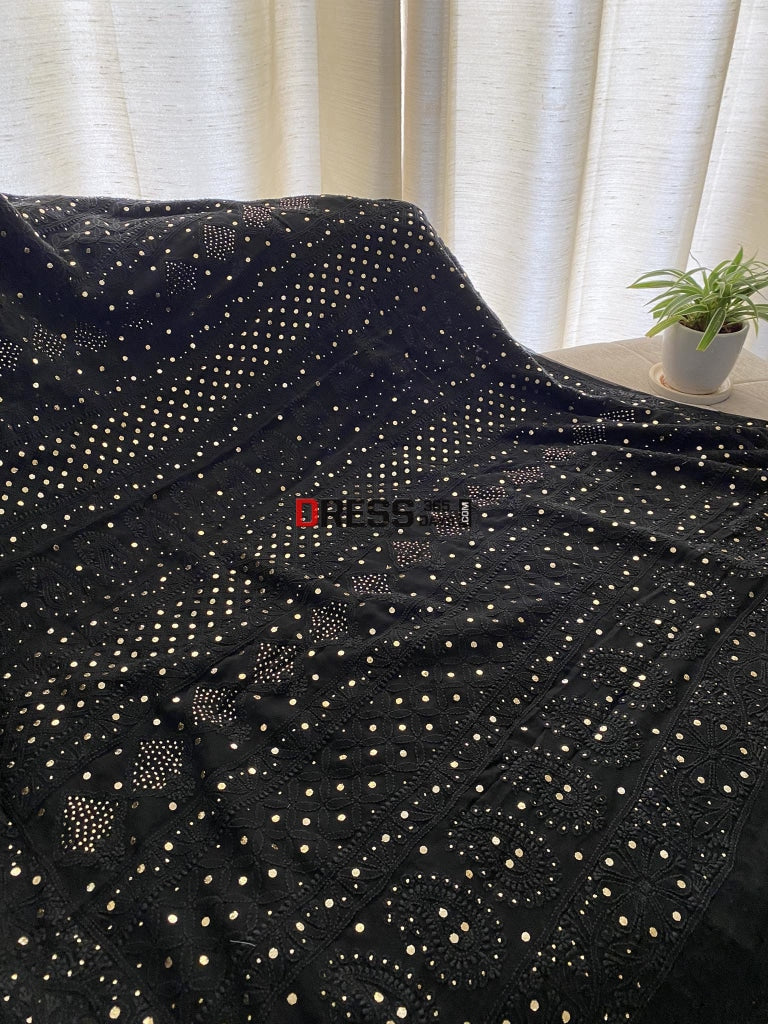 Black Lucknowi Mukaish Saree Chikankari