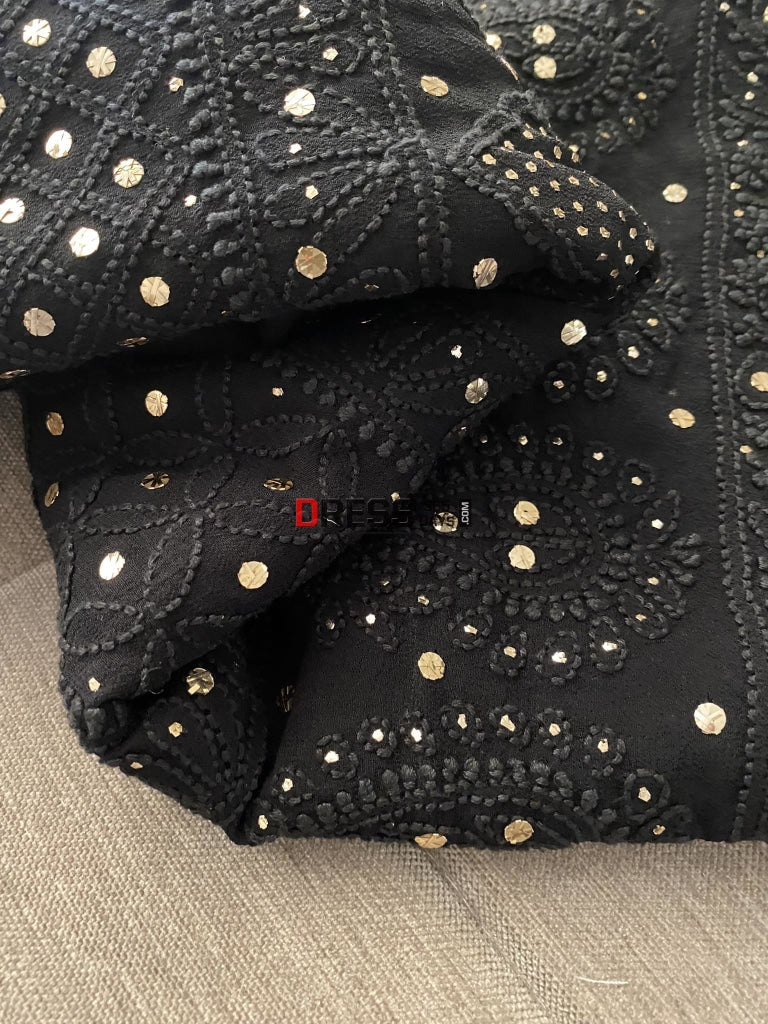 Black Lucknowi Mukaish Saree Chikankari