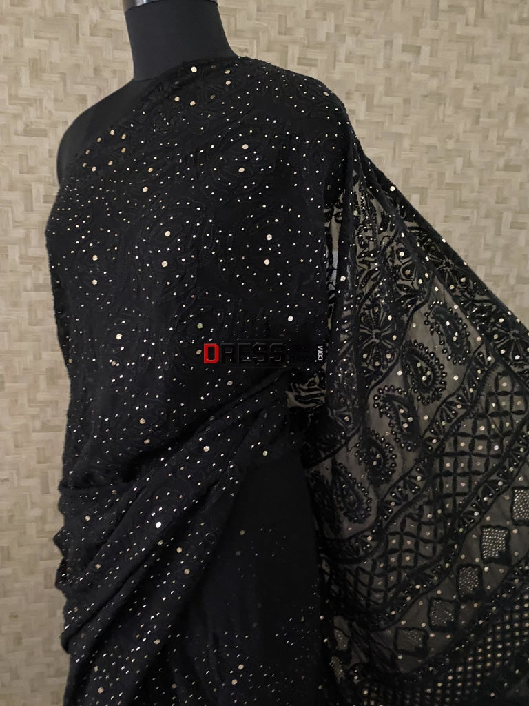 Black Lucknowi Mukaish Saree Chikankari