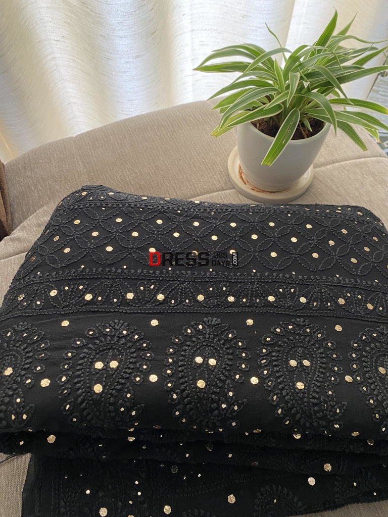 Black Lucknowi Mukaish Saree Chikankari