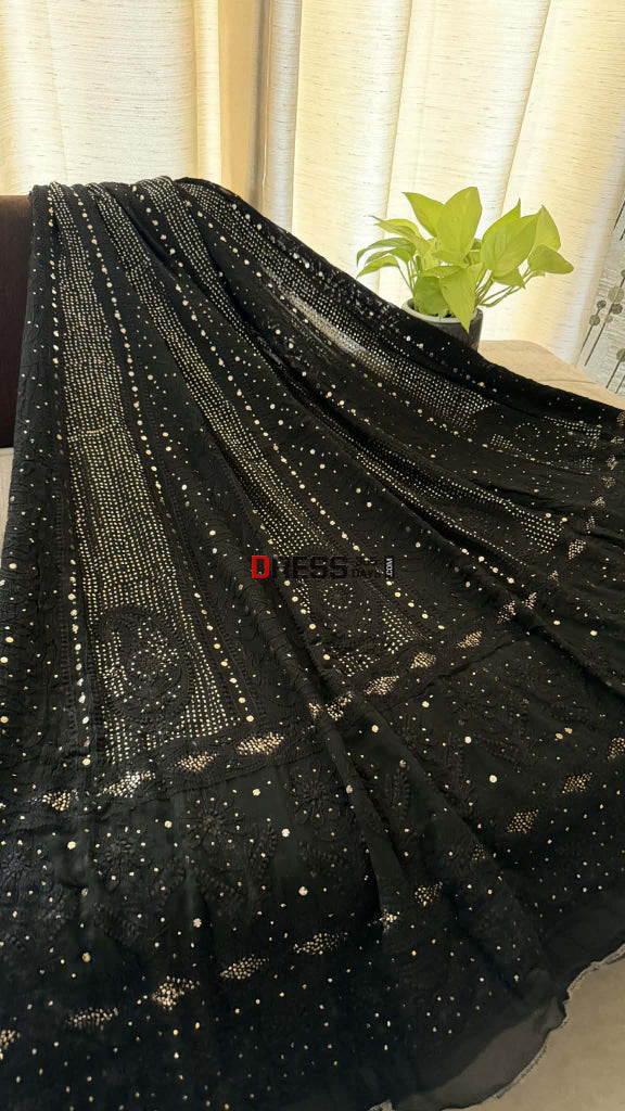 Black Mukaish Chikankari Anarkali & Dupatta Set - Chikankari Anarkali