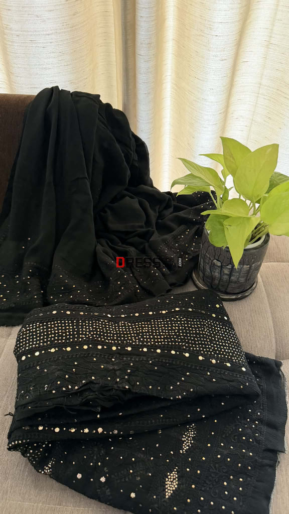 Black Mukaish Chikankari Anarkali & Dupatta Set - Chikankari Anarkali