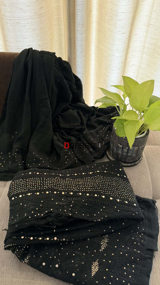 Black Mukaish Chikankari Anarkali & Dupatta Set - Chikankari Anarkali