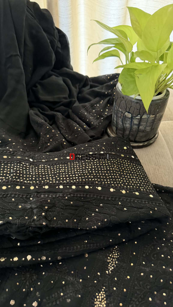 Black Mukaish Chikankari Anarkali & Dupatta Set - Chikankari Anarkali