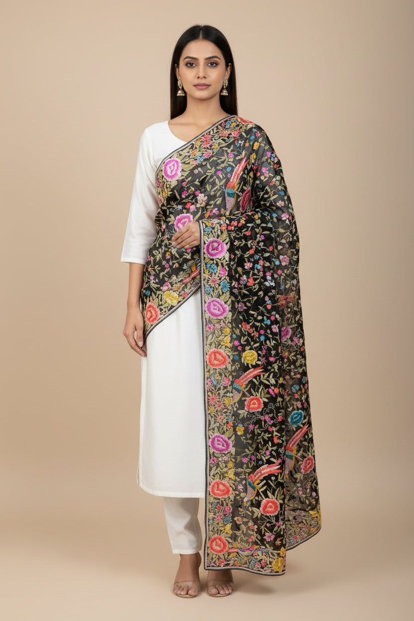 Pre Order Black Multicolour Parsi Gara Dupatta