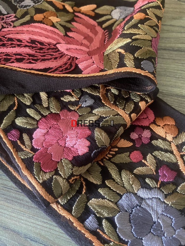 Black & Multicolour Parsi Gara Hand Embroidered Border