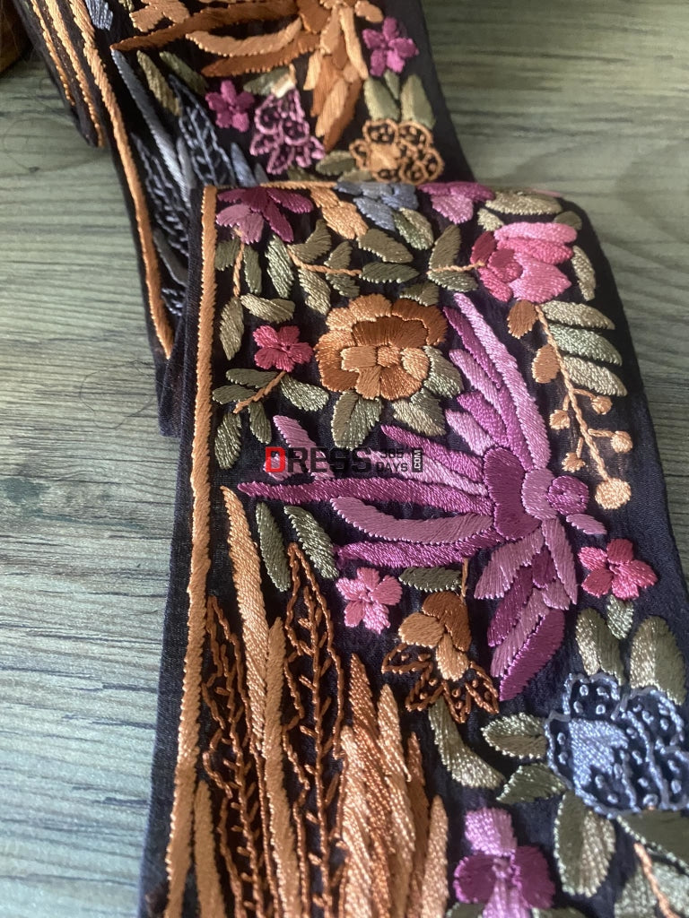 Black & Multicolour Parsi Gara Hand Embroidered Border