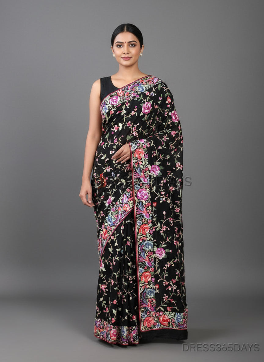 Pre Order Black Multicolour Parsi Gara Saree - Crepe Silk