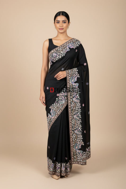 Black Multicolour Parsi Gara Saree- Pure Crepe Silk