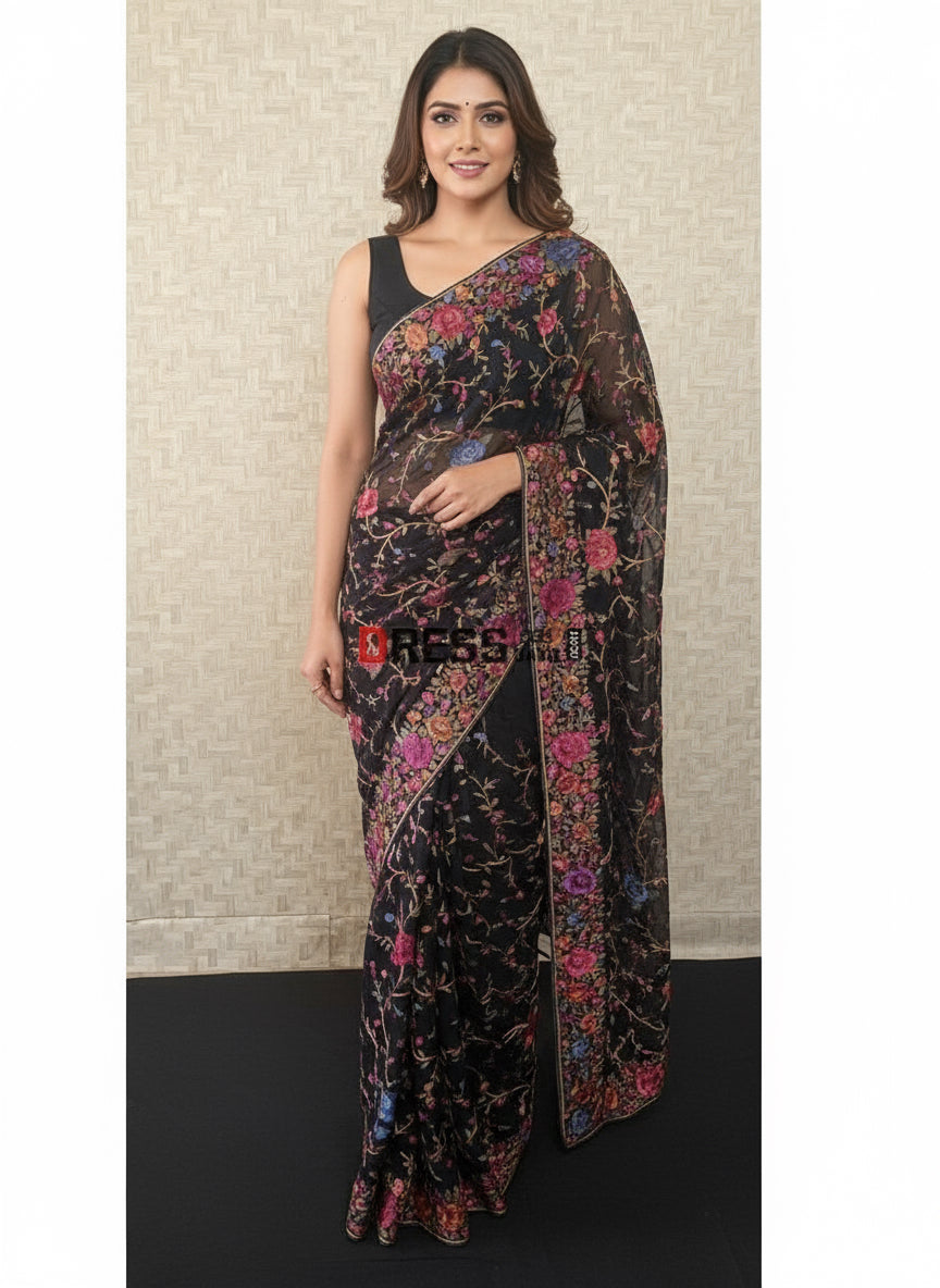 Pre Order Black Multicolour Parsi Gara Saree - Pure Georgette