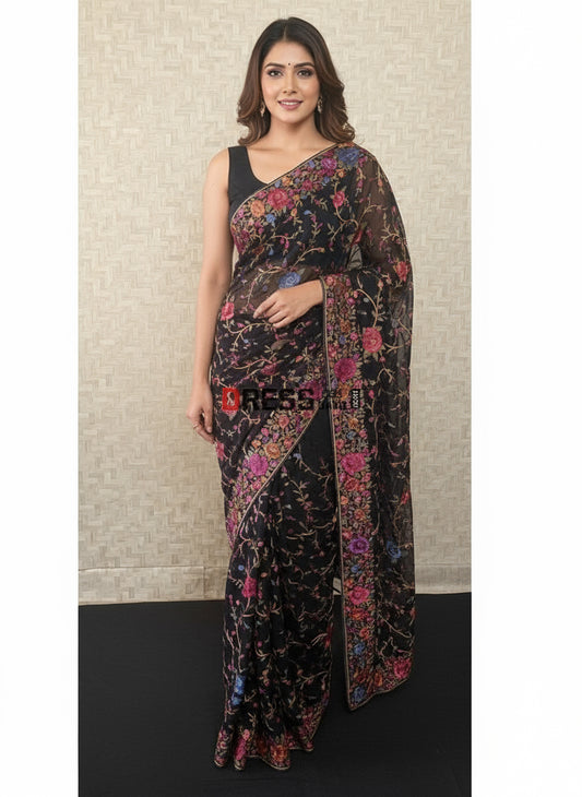 Pre Order Black Multicolour Parsi Gara Saree - Pure Georgette