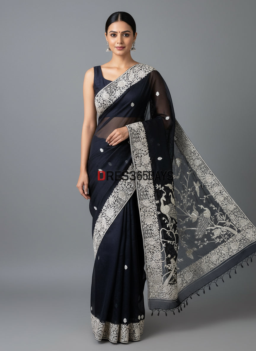 Pre order Black Organza Parsi Gara Saree