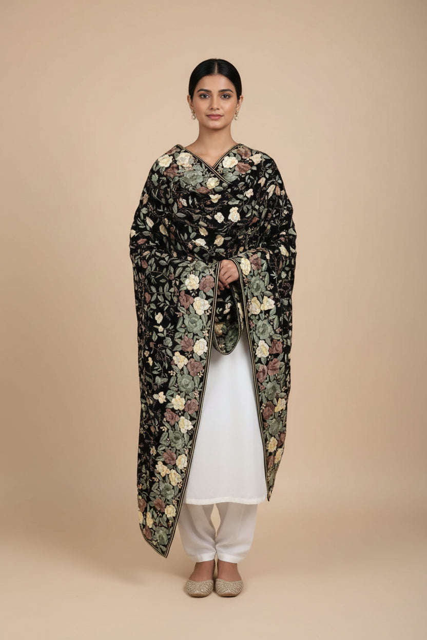 Pre Order Black Parsi Gara Dupatta with Floral Multicolour Embroidery